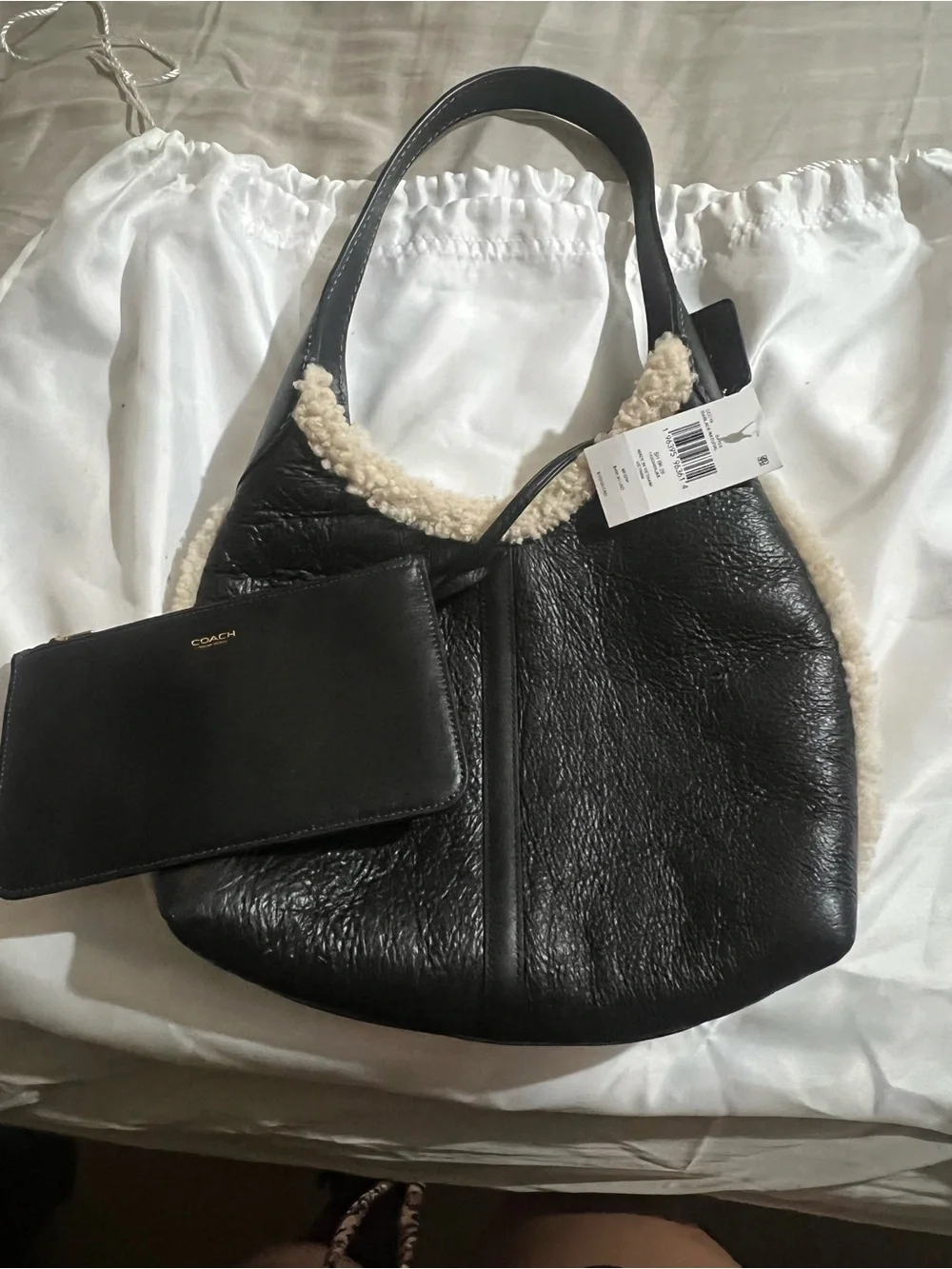 Coach Black Leather Hobo with Cream Shearling Trim and Pouch